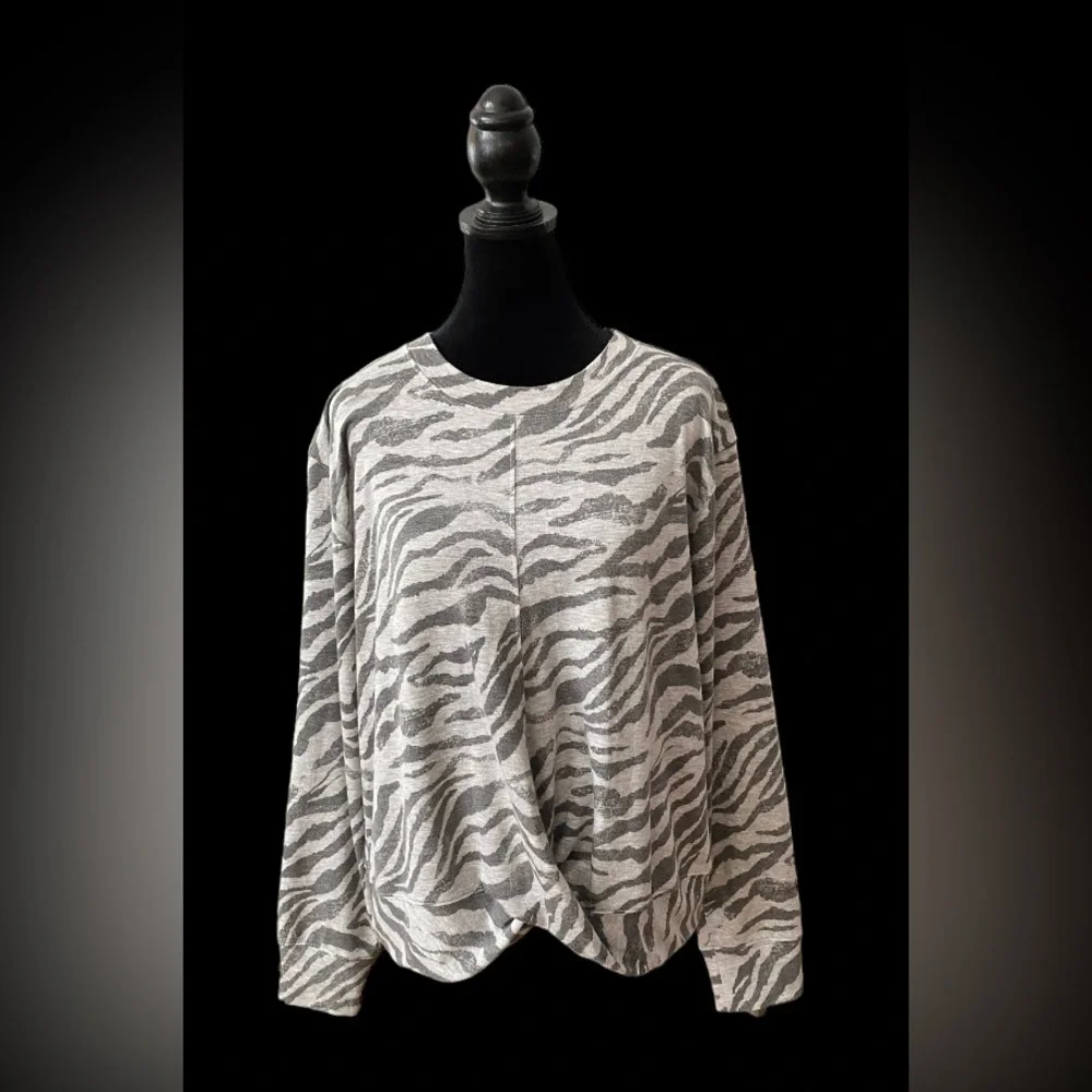 Knox Rose: Gray Zebra Print Sweatshirt with Twist Front